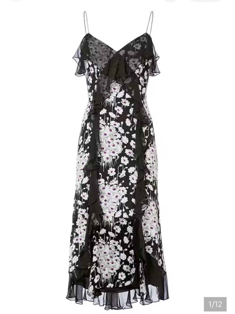 5a7 Cinq a Sept Joelle Floral Black Ruffle Slip Dress Women’s Size 2